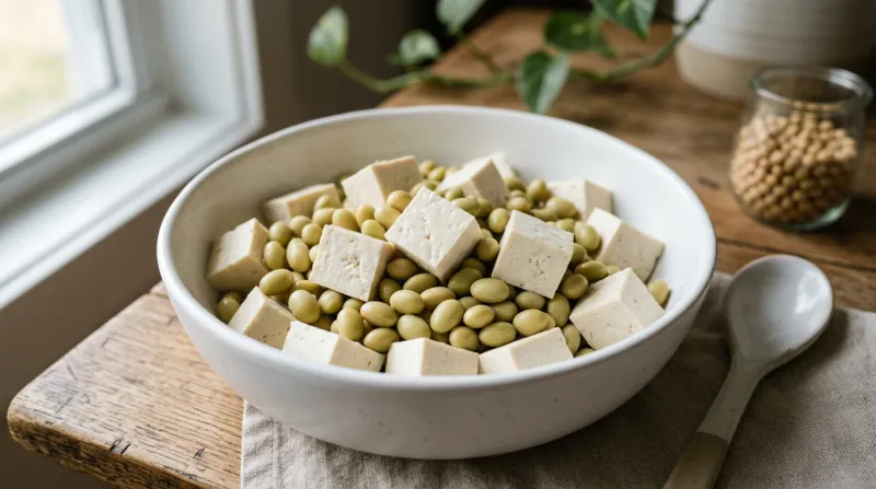 Une photo de cubes de tofu frais et de graines de soja dans un bol 