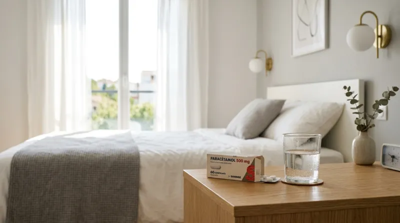 Une photo d'une boîte de médicaments et d'un verre d'eau sur une table de chevet dans une chambre lu