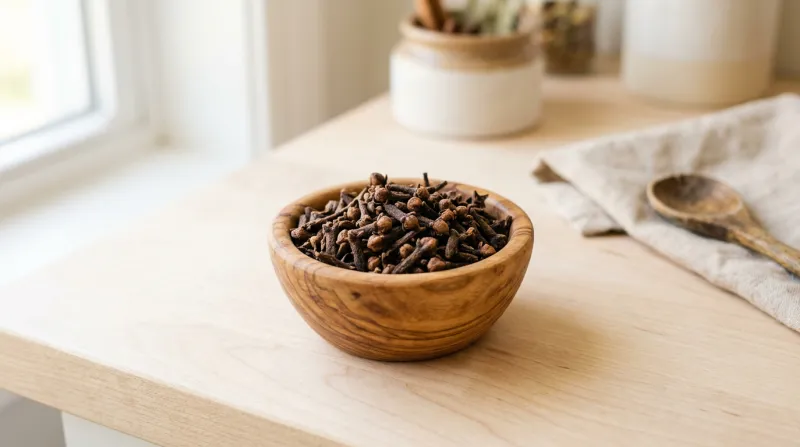 Une photo de clous de girofle séchés dans un petit bol en bois