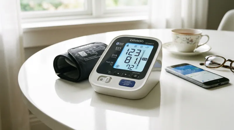 Une photo d'un tensiomètre électronique moderne sur une table blanche lumineuse