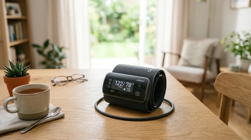 Une photo d'un tensiomètre électronique moderne sur une table en bois clair dans une atmosphère lumi