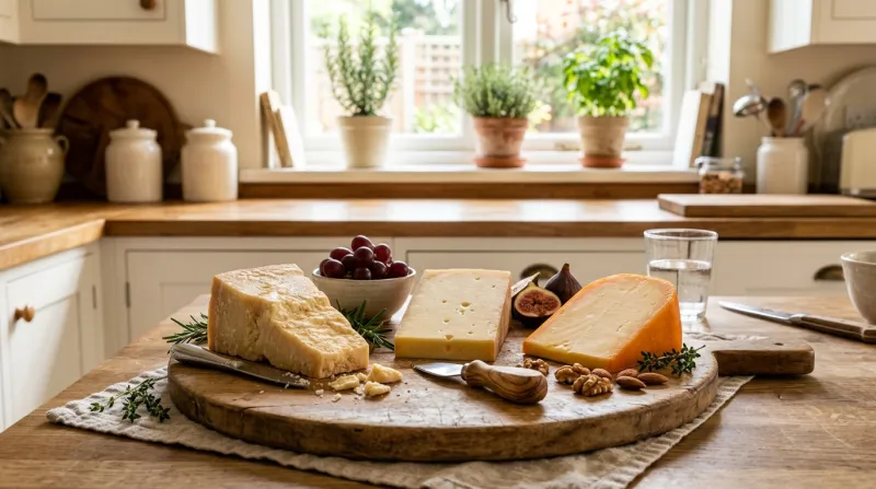Plateau avec du parmesan, du gruyère et du gouda, dans un cuisine lumineuse, sans étiquettes