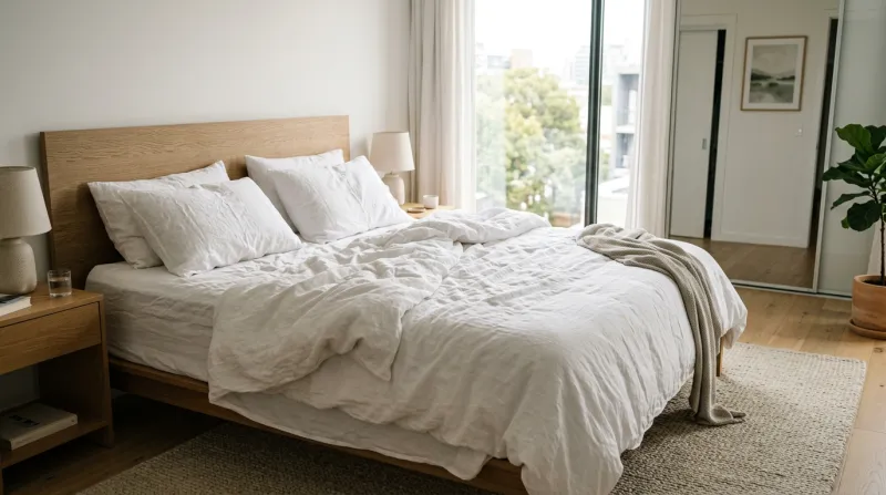 lit avec des draps blancs froissés 