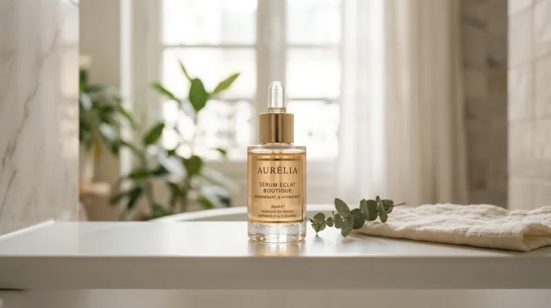 Une photo d'un flacon de sérum cosmétique élégant posé sur une surface épurée dans une ambiance lumi