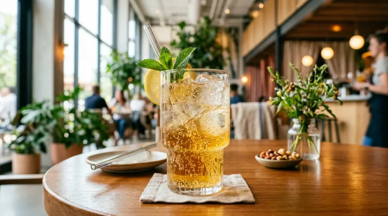 Une photo d'un verre de boisson gazeuse avec des bulles et des glaçons dans une ambiance lumineuse e