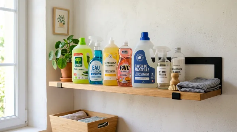 Une photo lumineuse de produits d'entretien ménagers rangés sur une étagère moderne