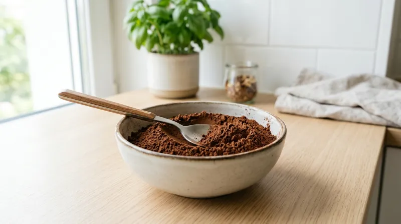 Une photo de cacao en poudre pur dans un bol avec une cuillère, ambiance lumineuse et moderne