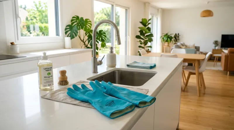 Une photo de gants de protection pour le ménage dans un intérieur contemporain et lumineux