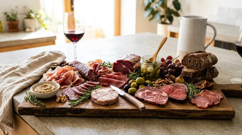 Une photo lumineuse et moderne de viandes rouges et de charcuteries présentées avec soin sur une pla