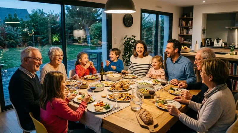 repas de famille avec les enfants, les parents et les grands-parents