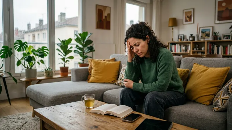 Femme assise sur son canapé qui se tient la tête
