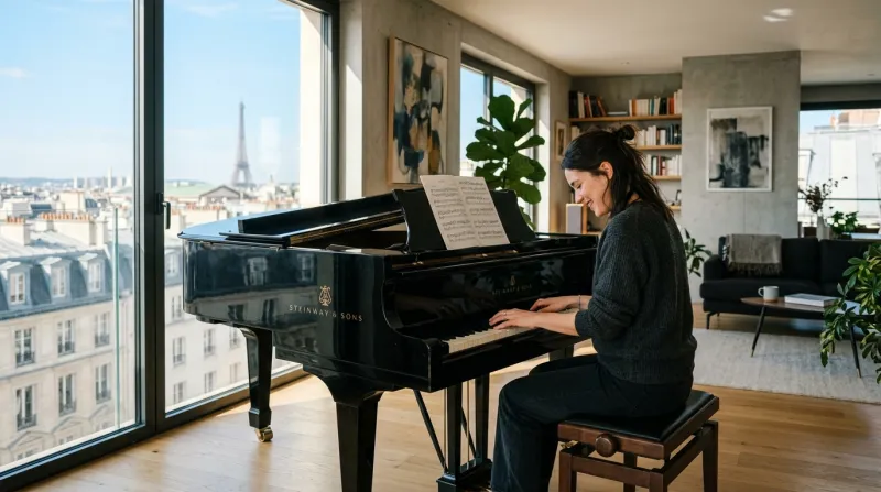 Une photo d'une personne jouant du piano dans un intérieur moderne et baigné de lumière