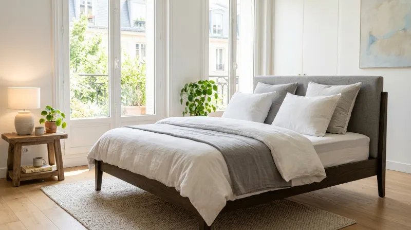 Une photo d'un lit moderne avec un matelas ergonomique et des oreillers confortables dans une chambr