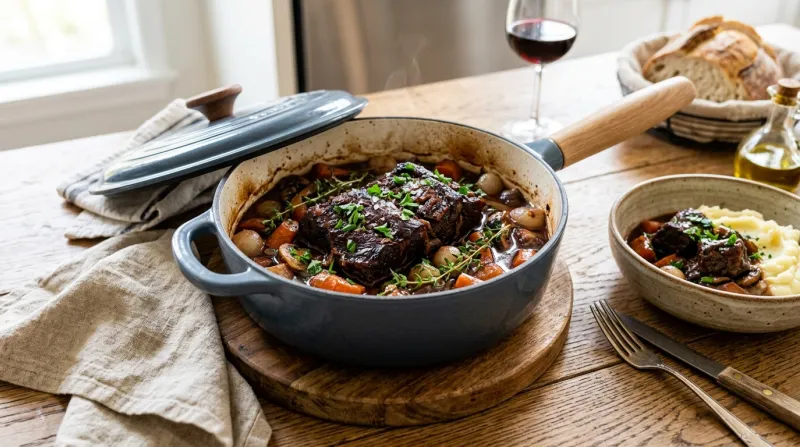Une photo lumineuse d'un plat de bœuf braisé servi chaud dans une cocotte moderne