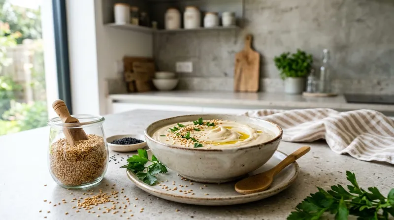Une photo lumineuse de graines de sésame et d'un bol de purée de tahini onctueuse sur un plan de tra