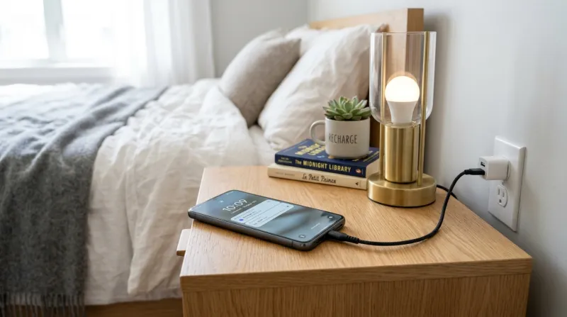  smartphone posé sur une table de nuit et branché