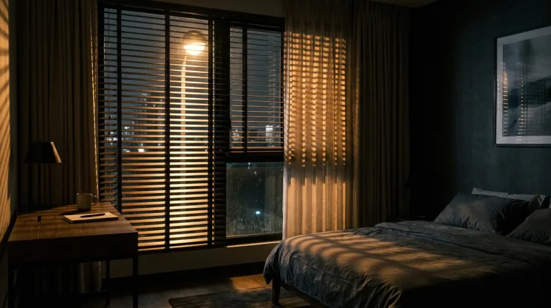  lampadaire de rue filtrant à travers les stores d'une fenêtre 