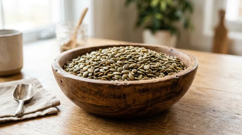Une photo de graines de courge dans un bol en bois sur une table lumineuse