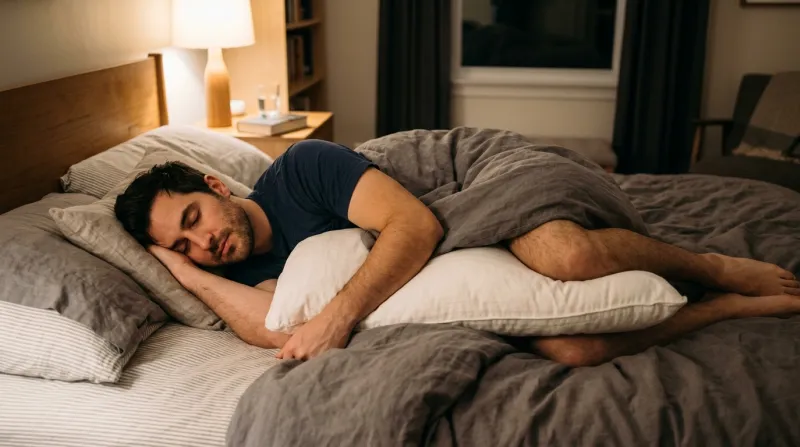 homme allongé dans son lit, sur le côté, un coussin entre ses genoux