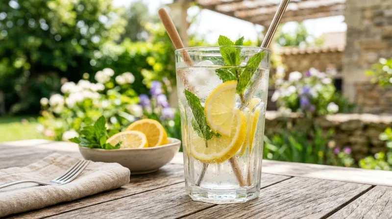 Une photo lumineuse d'un verre d'eau aromatisée avec des tranches de citron et des feuilles de menth