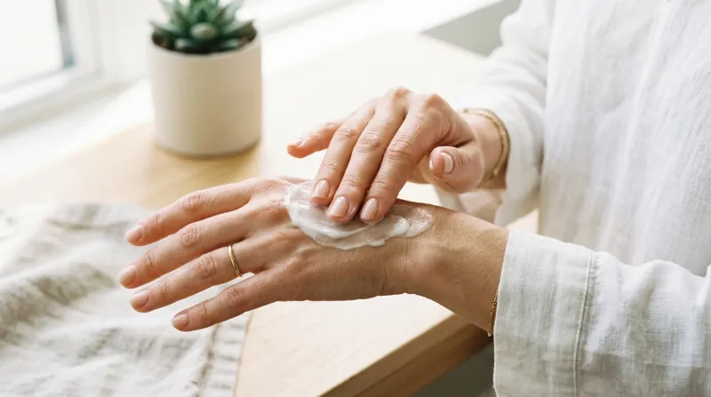 Une photo lumineuse et épurée de mains soignées appliquant une crème hydratante onctueuse