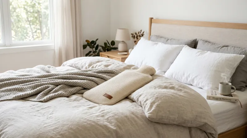 Une photo lumineuse et contemporaine d'une bouillotte moderne posée sur un lit douillet