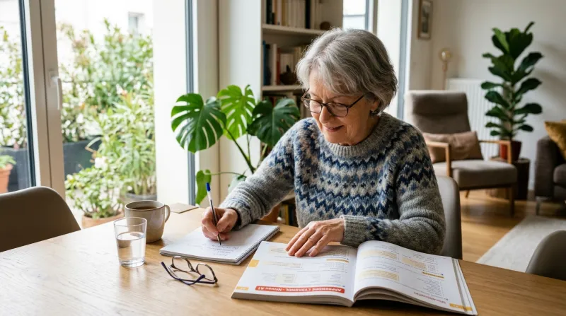 senior apprenant une nouvelle langue avec un manuel