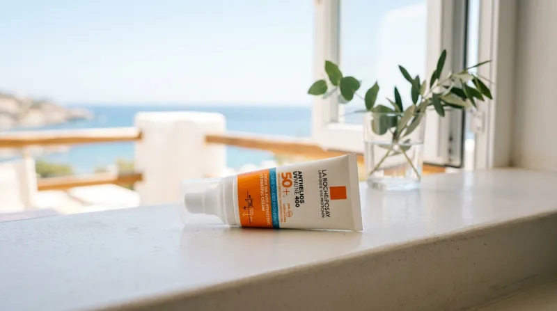 Une photo d'un tube de crème solaire SPF 50 posé sur une surface épurée et lumineuse