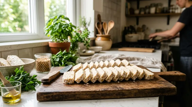 tranches de tempeh disposées sur une planche en bois