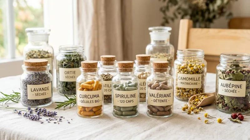 gélules de phytothérapie et plantes séchées