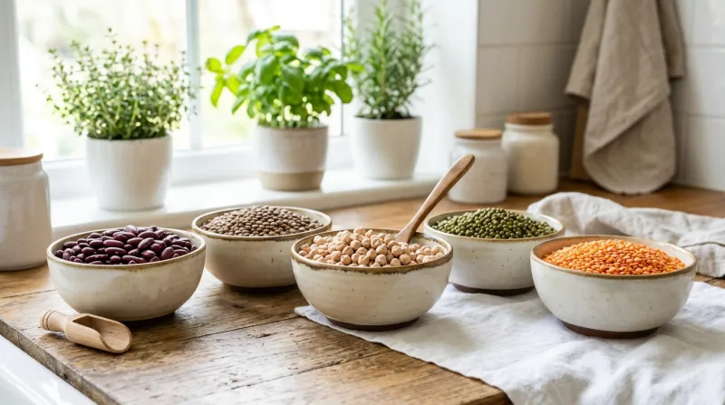 Une photo lumineuse et moderne d'un assortiment de légumineuses sèches comme des lentilles, des pois