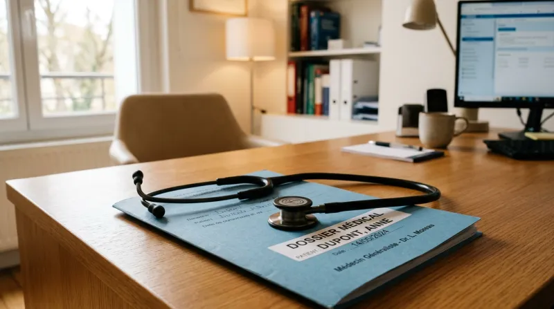 Une photo d'un stéthoscope posé sur un dossier médical 