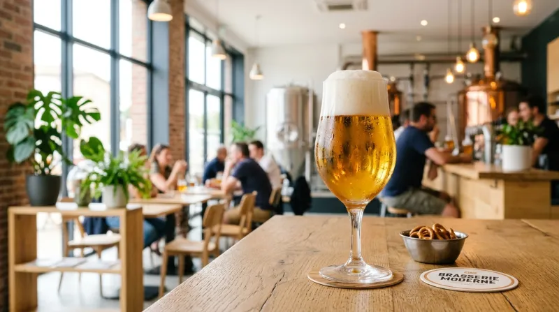 Une photo d'un verre de bière fraîche avec de la mousse dans un environnement lumineux et contempora