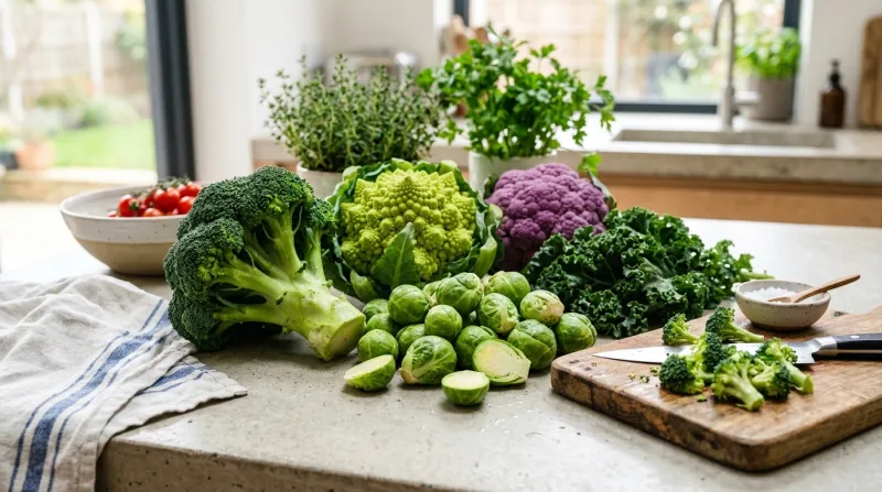 Une photo lumineuse et fraîche de différents légumes crucifères comme du brocoli et des choux de Bru
