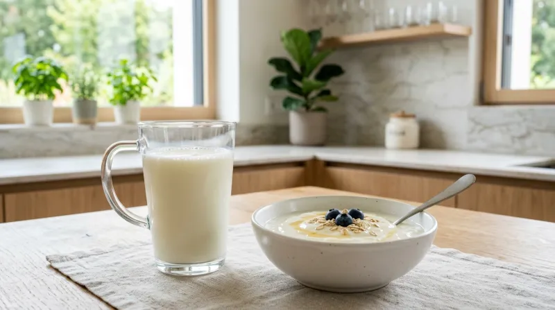 Une photo d'un verre de lait et d'un yaourt nature dans un environnement lumineux et moderne