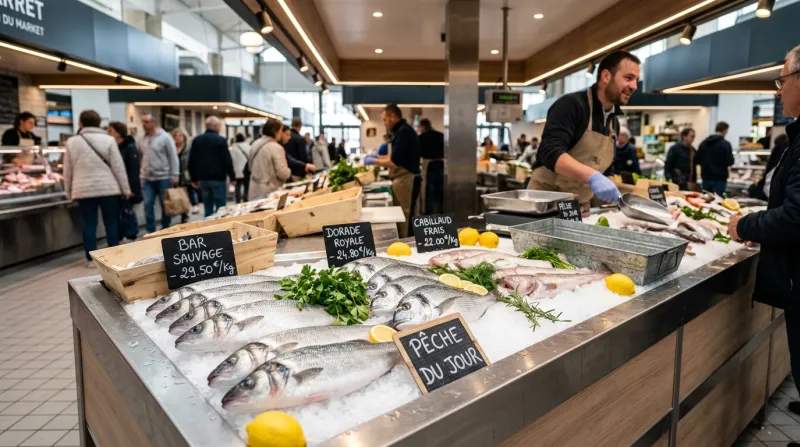Une photo de poissons blancs frais présentés sur un étal de marché moderne et lumineux