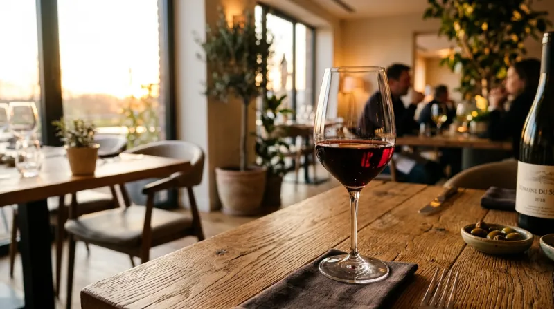 Une photo d'un verre de vin posé sur une table en bois dans une atmosphère de fin de journée lumineu