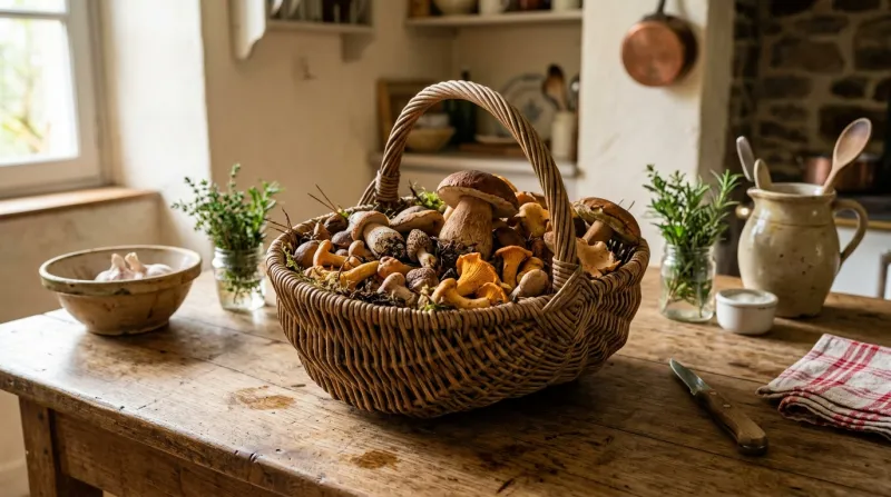 photo réaliste d'un panier de champignons des bois posé sur la table de la cuisine