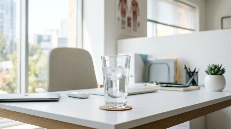 Une photo lumineuse et épurée d'un verre d'eau posé sur un bureau médical contemporain