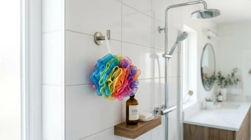  fleur de douche en maille colorée dans une salle de bain