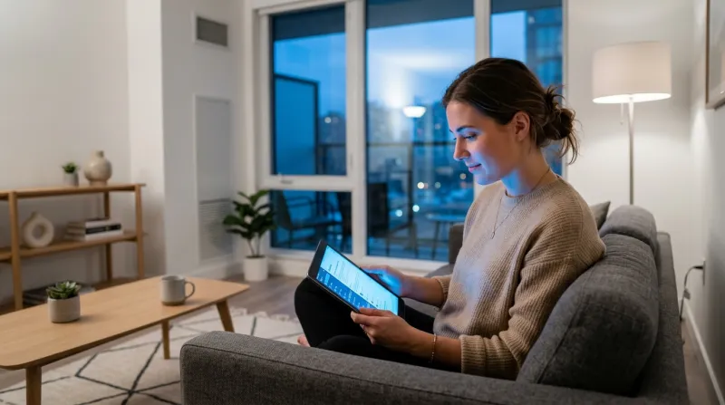 Une photo d'une personne utilisant une tablette numérique dont l'écran diffuse une lumière bleutée d