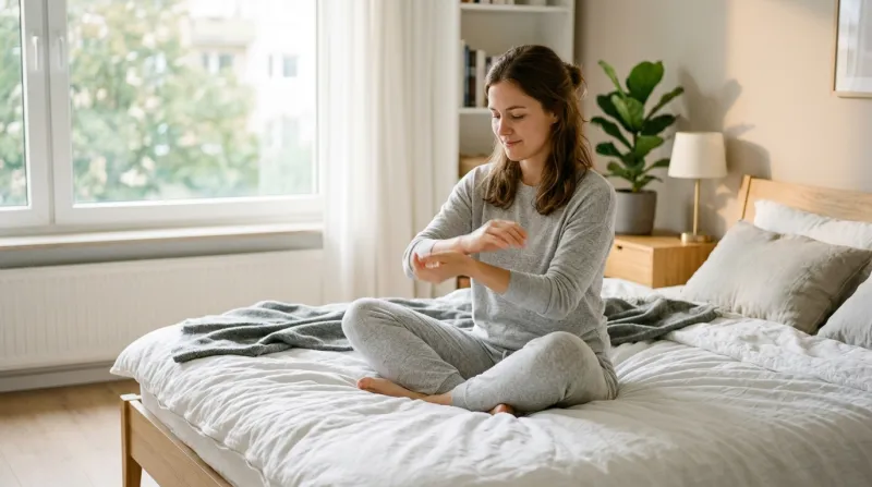 Une photo d'une personne assise sur un lit moderne et lumineux effectuant des rotations douces des p