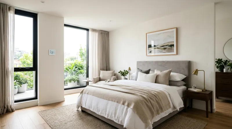 Une photo d'une chambre à coucher contemporaine et lumineuse avec un thermostat mural discret au mur