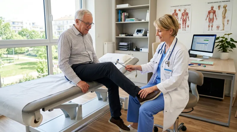 Une photo lumineuse d'un médecin effectuant un examen de réflexes neurologiques dans un cabinet médi