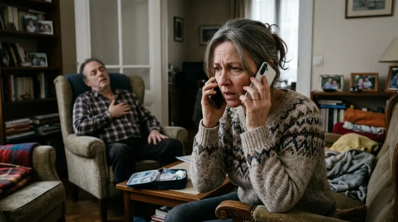 photo réaliste du'ne personne de 50 ans chez elle au téléphone, elle appelle les secours pour son ma