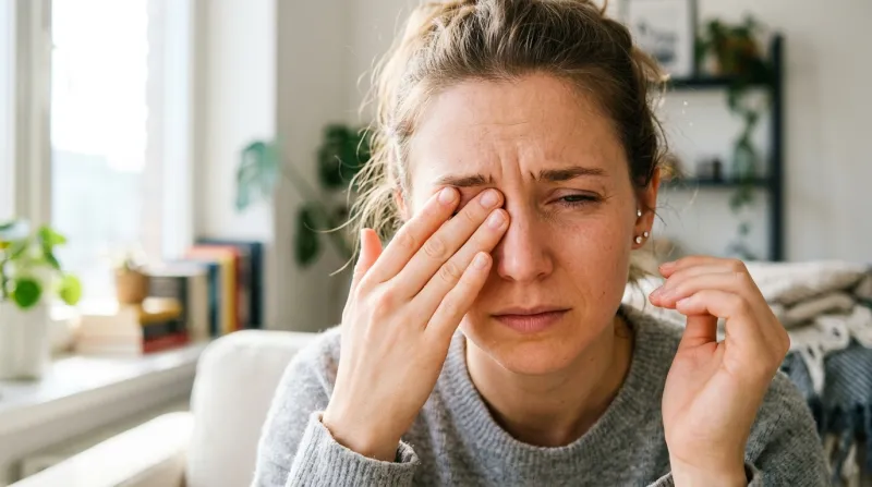 visage d'une femme qui se frotte les yeux 