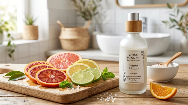 Une photo lumineuse et moderne de tranches d'agrumes frais à côté d'un flacon de soin exfoliant