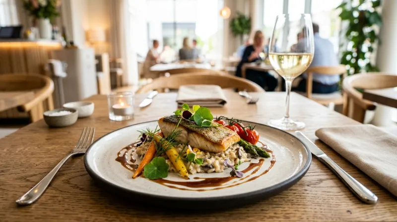 Une photo d'une assiette de dîner gastronomique servie sur une table contemporaine et lumineuse
