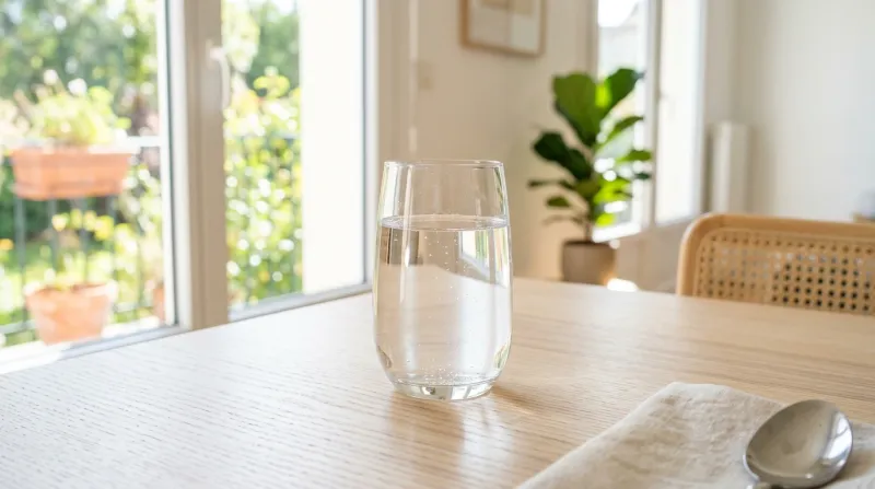 Une photo d'un verre d'eau propre posé sur une table claire dans un environnement lumineux