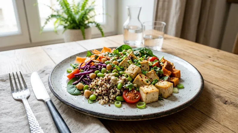 Une photo de tofu frais et de protéines végétales dans une assiette moderne et lumineuse